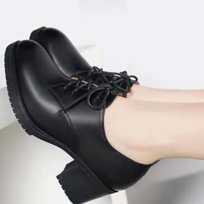 Black Genuine Leather Lace-Up Platform Pumps Office Womens Shoes