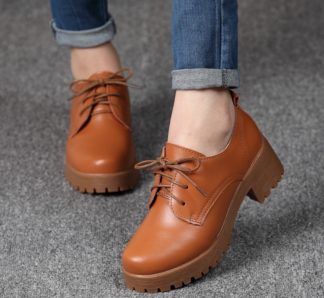 Split Leather Women Square Heel Flat Platform Shoes Woman lace-up Oxford Shoes for Women 