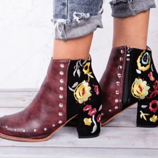Fashion Party Deep Red Floral Flock Leather Womens Boots