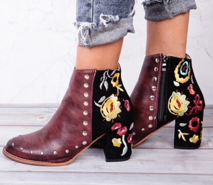 Fashion Party Deep Red Floral Flock Leather Womens Boots