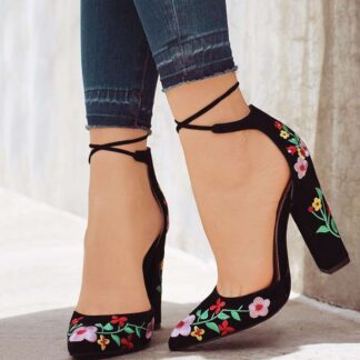 Fashion Square High Heels Pointed Toe Floral Womens Shoes