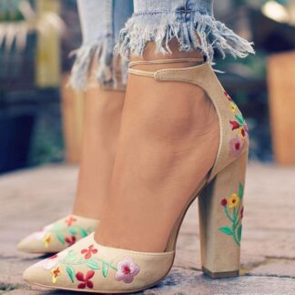 Fashion Square High Heels Pointed Toe Floral Womens Shoes