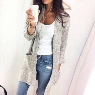 Autumn Winter Wool Knitted Gray Long Womens Cardigan Sweater