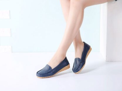 Breathable Summer Genuine Leather Slip-On Flat Loafers Shoes for Women