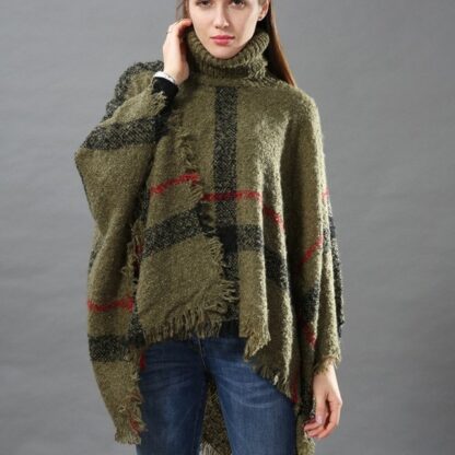 Turtleneck Wool Plaid Poncho Cardigan Sweater
