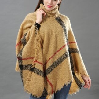 Turtleneck Wool Plaid Poncho Cardigan Sweater