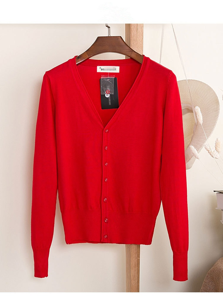 V-Neck Elegant Cotton Women Knitted Cardigan