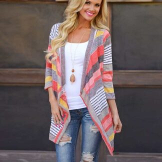 V-Neck Knitted Striped Womens Cardigan