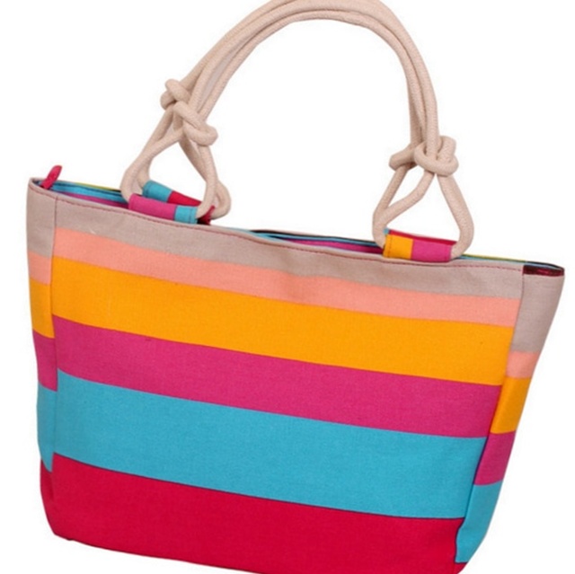 Canvas Floral Striped Shopping Beach Tote Handbag for Ladies
