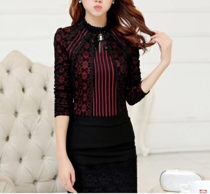 Fashion Red Long Sleeve Lace Floral Womens Tops Blouse