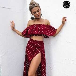 Red Off Shoulder Dot Ladies Sexy Beach Dress