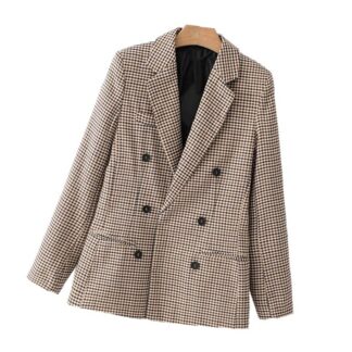 Office Double Breasted Plaid Women Blazer
