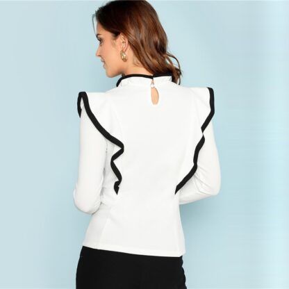 White Ruffles Office Long Sleeve T-Shirt for Women