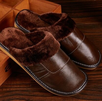 Warm Genuine Leather Winter Plush Mens Slippers