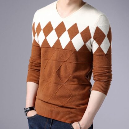 Autumn Winter Slim Fit Plaid V-Neck Men Pullover Sweater