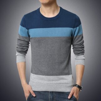 Casual Cotton O-Neck Striped Thin Mens Pullover Sweater