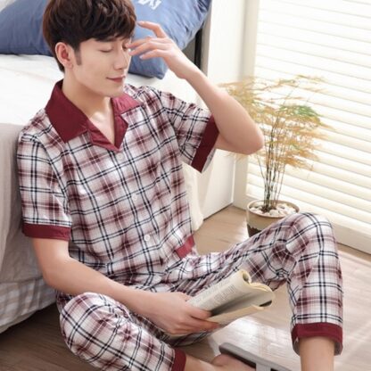 Summer Cotton Striped Plaid Short Sleeve Men Pajamas Sleepwear