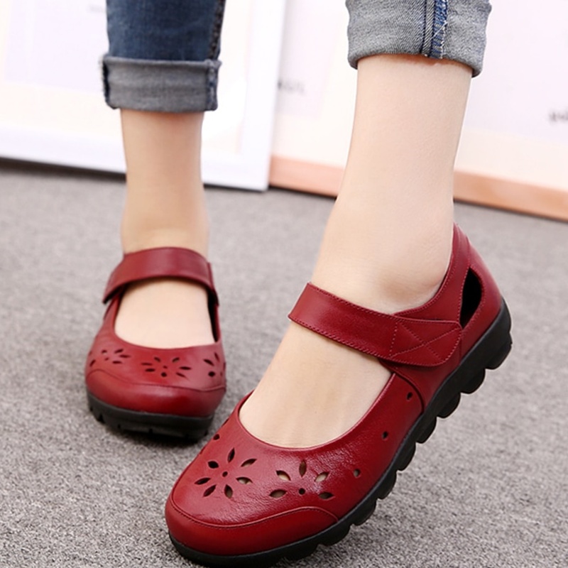 Genuine Leather Summer Flat Hollow Out Women Sandals Shoes ...