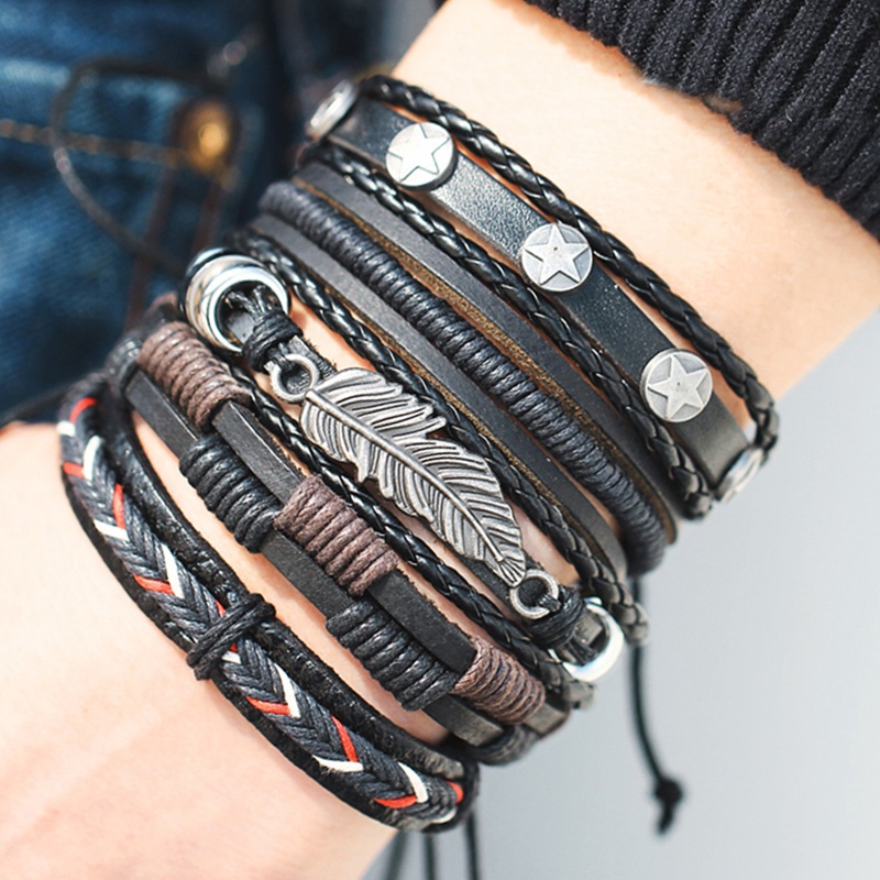 Skull Leather Bracelet Men's Personalized Multi-layer Woven leather Bracelet  with Magnetic Clasp for Men