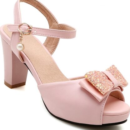Summer Elegant Square Heel Peep Open Toe Bow Cute Sweet Women Sandals Shoes