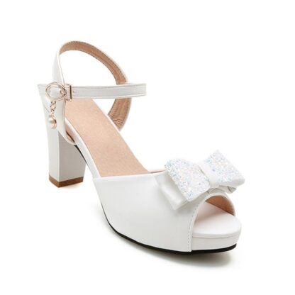 Summer Elegant Square Heel Peep Open Toe Bow Cute Sweet Women Sandals Shoes