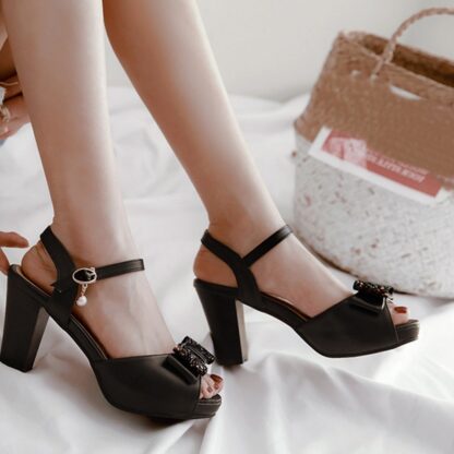 Summer Elegant Square Heel Peep Open Toe Bow Cute Sweet Women Sandals Shoes