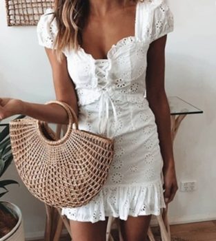 Elegant Party Beach Sexy Summer White Lace Floral Mini Ruffle Womens Dress