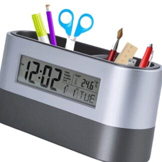 Office Desktop Clock Calendar Temperature Thermometer Pen Holder