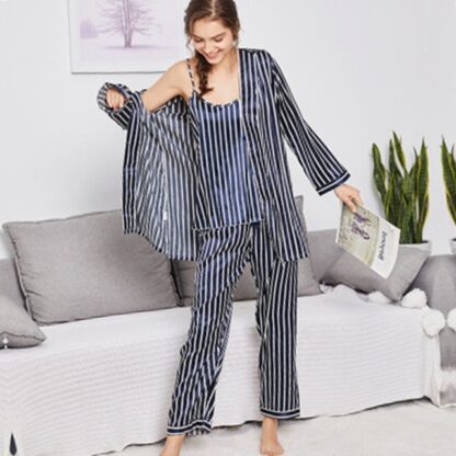 Autumn Spring Striped Silk Satin Women Pajama Set