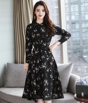 Black Autumn Winter Vintage A-Line Mid Floral Chiffon Women Dress