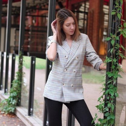 Casual Plaid Grey Double Breasted Women Blazer