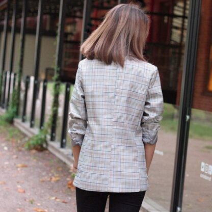 Casual Plaid Grey Double Breasted Women Blazer