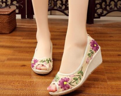 Summer Peep Toe Slip-On Canvas Women Floral Wedge Shoes