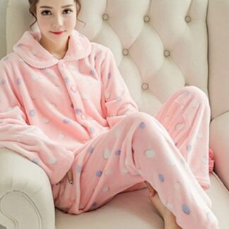 Warm Flannel Long Sleeves Winter Women Pajamas Sleepwear Set