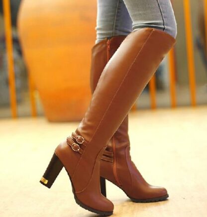 Black Brown Autumn Elegant Party Leather Winter High Heel Knee Women Boots