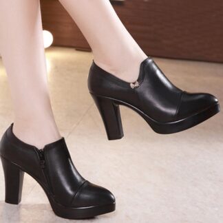 Office High Heel Elegant Leather Black Women Pumps Platform Shoes