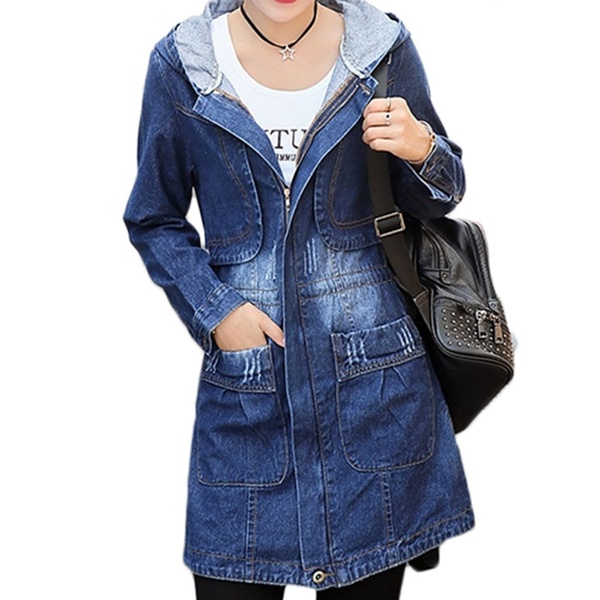 Women Long Sleeve Denim Hooded Outcoat Wind Warm Jean Outwear with Pockets Der Girls Outdoor Jackets 