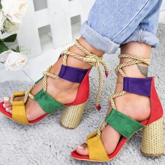 Summer Rome Round High Heels Peep Toe Gladiator Sandals Flock Women Pumps Shoes