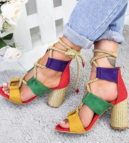 Summer Rome Round High Heels Peep Toe Gladiator Sandals Flock Women Pumps Shoes