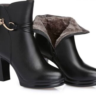 Black Genuine Leather Fashion Elegant Platform Round Toe Square High Heels Fur Wool Women Boots