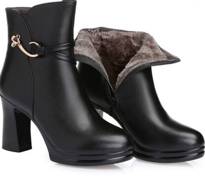 Black Genuine Leather Fashion Elegant Platform Round Toe Square High Heels Fur Wool Women Boots