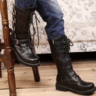 Black Long High Leather Motorcycle Punk Mens Boots