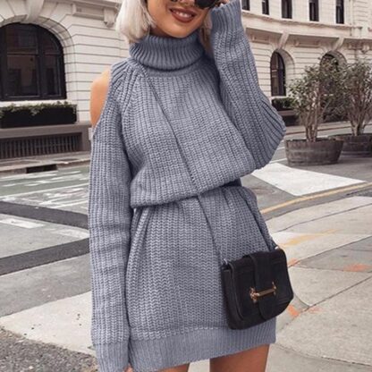 Casual Autumn Winter Streetwear Turtleneck Off Shoulder Knitted Sweater Dress for Women