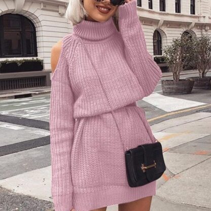 Casual Autumn Winter Streetwear Turtleneck Off Shoulder Knitted Sweater Dress for Women
