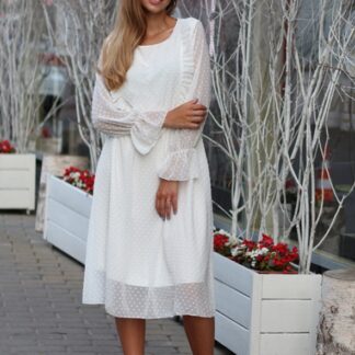 White Spring Summer Elegant A-Line Flare Sleeve Polka Dot Women Chiffon Dress
