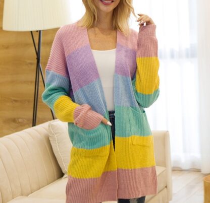 Fashion Knitted Long Striped Sweet Cute Women Cardigan Sweater