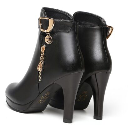 Black Elegant Party Leather Plush Mid Heel Women Boots