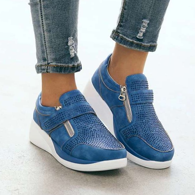 Casual Breathable Flock Slip-On Zippered Platform Women Sneakers Shoes ...