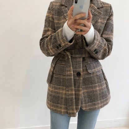 Autumn Winter Long Cotton Plaid Office Women Blazer