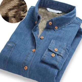 Casual Winter Warm Plush Fleece Thickening Jeans Denim Men Shirt